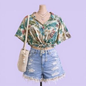 Moa Moa Tropical Leaf Print Tie Waist Crop Button Front Blouse Women's XL Y2K